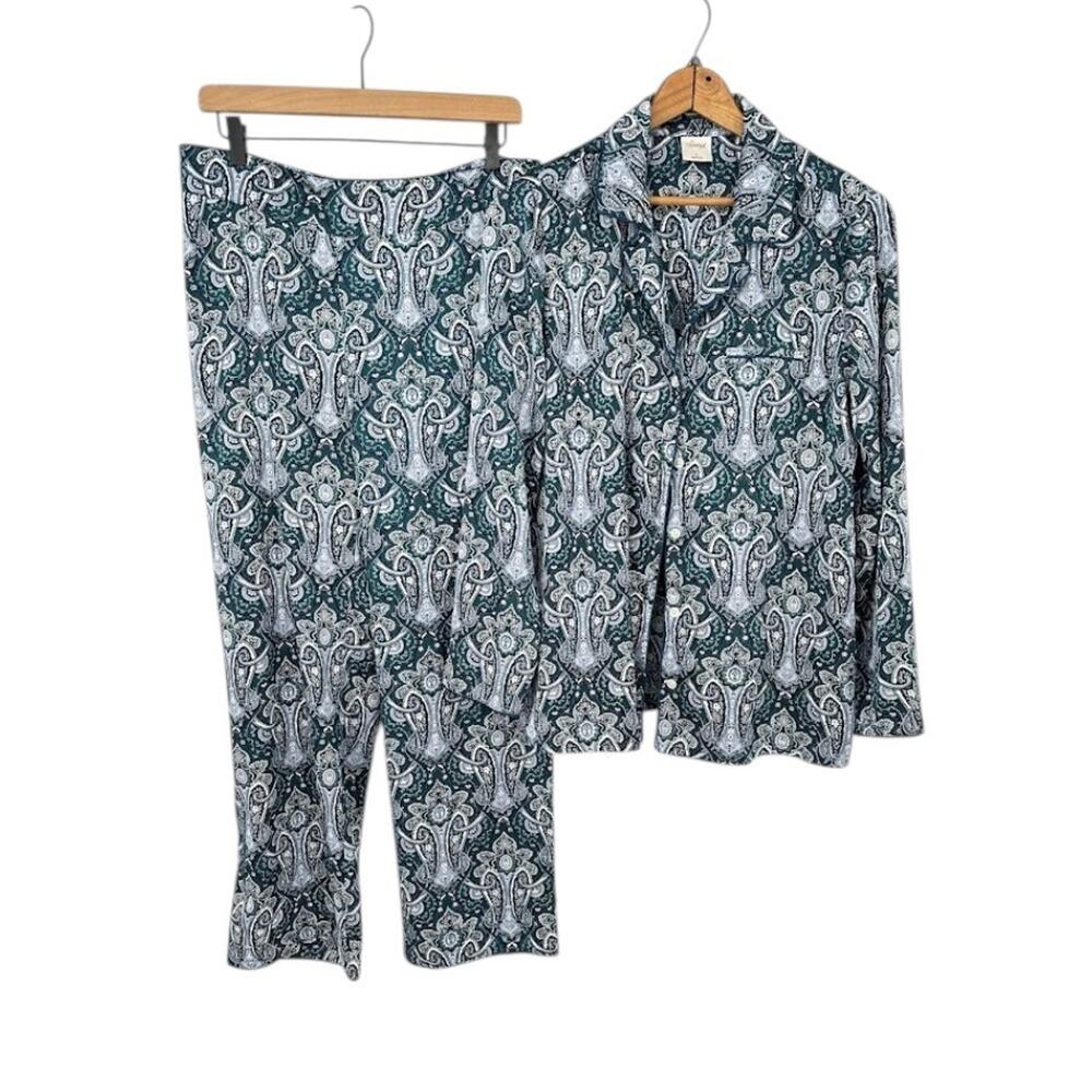 Soma Pajama 2 pc Set Women's M Pants L Top Green Blue Paisley Button Satin Silky